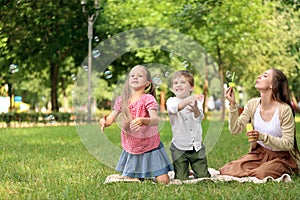 Happy family blowing soap bubbles in park