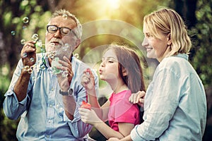 Happy family blowing soap bubbles in the park.