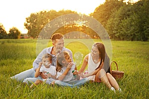 Happy family blowing soap bubbles in park. Summer picnic