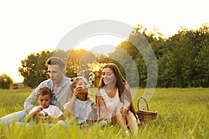 Happy family blowing soap bubbles in park at sunset