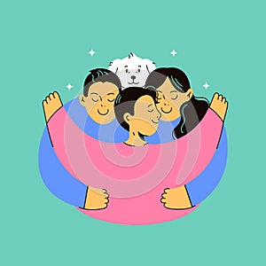 Happy family with boy kid and dog hugging. Vector Flat illustration of Mom, Dad and son illustration. Love and care