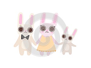 Happy Family of Bunnies, Father, Mother and Baby Rabbits Holding Hands, Cute Cartoon Hares Characters Vector