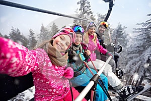 Happy family in cable car climb to ski terrain