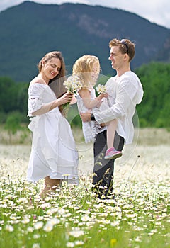 Familia feliz sobre el manzanilla prado 