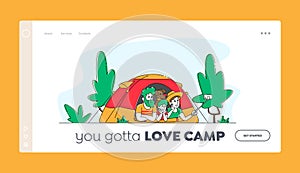 Happy Family Camping and Hiking Recreation Landing Page Template. Mother, Father, Child and Dog Characters