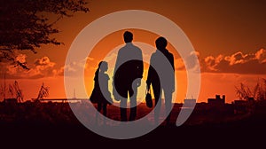 Happy family captures the moment in silhouette, surrounded by the warmth of the sunset