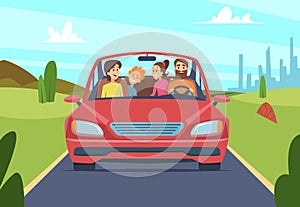 Happy family in car. People father mother kids travellers in automobile vector front view