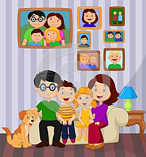 Happy family cartoon sitting on sofa