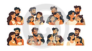 Happy family cartoon style vector set. Dad mom son daughter characters loving trusting hugging together, embracing
