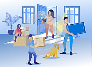 Happy Family with Cat Moving to New Home Cartoon