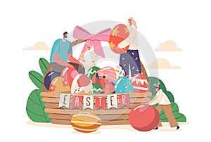 Happy Family Celebrate Easter Holidays. Dad, Mom and Children Wear Rabbit Ears Sitting in Huge Basket with Painted Eggs