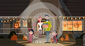 Happy Family Celebrate Halloween Parents And Kids Wear Vampire Costumes Holiday Decoration Horror Party Concept