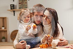 Happy family celebrates Christmas in the kitchen, love, sincerity and warmth