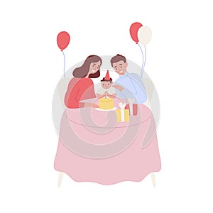 Happy family celebrating baby first birthday vector flat illustration. Cartoon smiling mother and father greeting kid