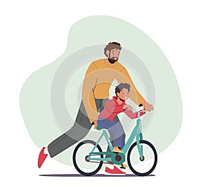 Happy Family Characters Activity. Caring Dad Teaching Son to Ride Bike for the First Time. Father Teach Kid Boy Cycling