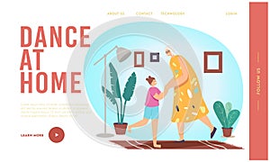 Happy Family Characters Dance at Home Landing Page Template. Sparetime, Leisure. Girl and Granny Rejoice Together