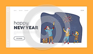 Happy Family Characters Enjoy Holidays Fireworks Landing Page Template. Outdoor Christmas, New Year Holiday Celebration