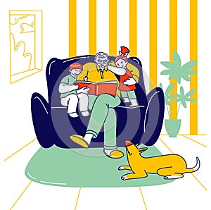 Happy Family Characters Grandparent with Kids Spend Time at Home. Grandfather Reading Book to Children Sitting on Sofa