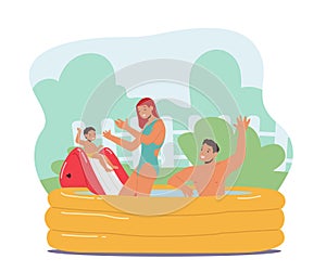 Happy Family Characters Mother, Father and Son Playing in Outdoor Swimming Pool, Baby Sliding. Summertime Water Games