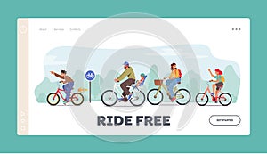 Happy Family Characters Riding Bikes Landing Page Template. Dad, Son, Mom and Daughter Training, Healthy Lifestyle