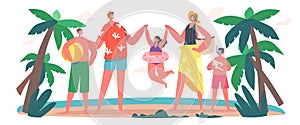 Happy Family Characters on Summer Beach. Mother, Father, Daughter and Sons Hold Hands on Sandy Shore Playing at Seaside