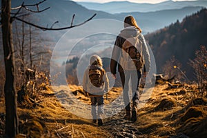 Happy family with a child enjoying a hike in a forest on sunny autumn day. Active family leisure with children. Hiking and