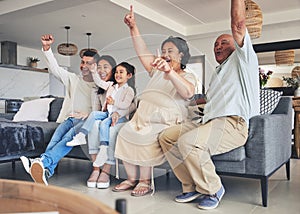 Happy family, child or grandparents in celebration for a goal in home living room watching tv together. Grandfather
