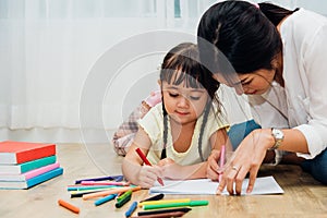 Happy family child kid girl kindergarten drawing teacher education mother mom with beautiful mother
