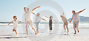 Happy family, children and airplane game on beach on playful holiday in Australia with freedom, love and energy. Kids