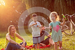 Happy family with children blow soap bubbles in park