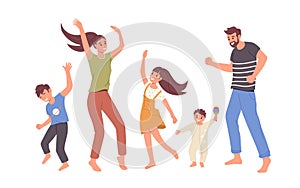 Happy family with children dancing, parents and kids having good time together isolated on white