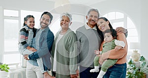 Happy family, children and grandparents portrait at home with love, care and happiness. Senior man, woman and young