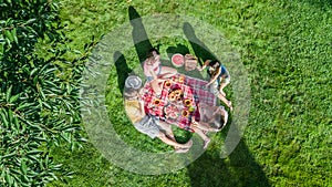 Happy family with children having picnic in park, parents with kids sitting on garden grass and eating healthy meals outdoors