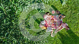 Happy family with children having picnic in park, parents with kids sitting on garden grass and eating healthy meals outdoors