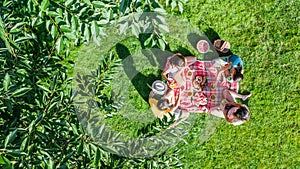 Happy family with children having picnic in park, parents with kids sitting on garden grass and eating healthy meals outdoors