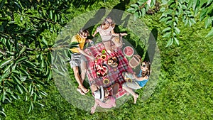 Happy family with children having picnic in park, parents with kids sitting on garden grass and eating healthy meals outdoors