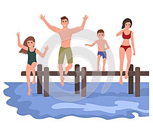Happy family with children jumping into the water. Father, mother and children are having fun together.