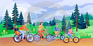 Happy family with children rides bicycles. Vector flat cartoon illustration. Family sport activities, leisure lifestyle