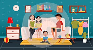 Happy family with children sitting on sofa in the living room. Cartoon characters