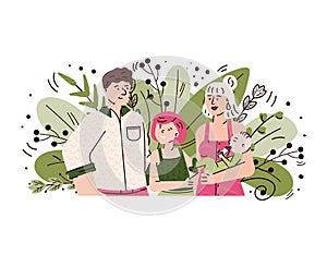 Happy family with children smiling - cartoon couple with baby boy and little girl
