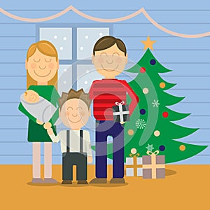 Happy family at Christmas, greeting card