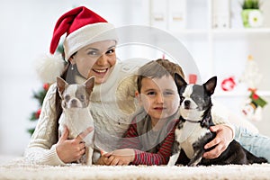 Happy family Christmas. Mother, child son and dogs celebrating winter holidays at home.