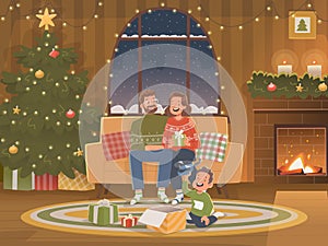 Happy family at Christmas. New Year holidays. Cozy homely atmosphere of a miracle