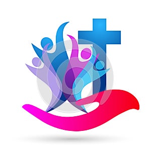 Happy Family church union love in church hand care children kids taking care growth parenting care successful icon design vector