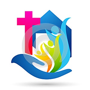 Happy Family church union love in church hand care children kids taking care growth parenting care successful icon design vector