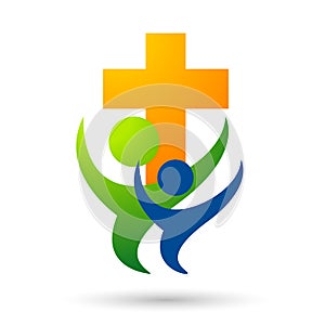 Happy Family church union love in church hand care children kids taking care growth parenting care successful icon design vector