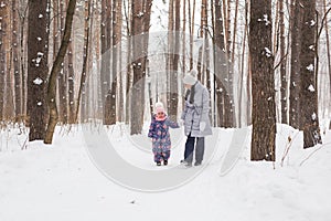 Happy family concept - Mother and child girl on a winter walk in nature.