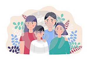 Happy family concept vector. Mother and farther, son and daughter with on botanic, leave background. National foster care month,