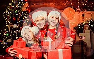 Happy family concept. Wonderful moments christmas. Achieve impeccable christmas day. Little girls with lot gift boxes