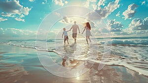 A happy family, consisting of Mom, Dad, and child, runs along the beach during their summer vacation.